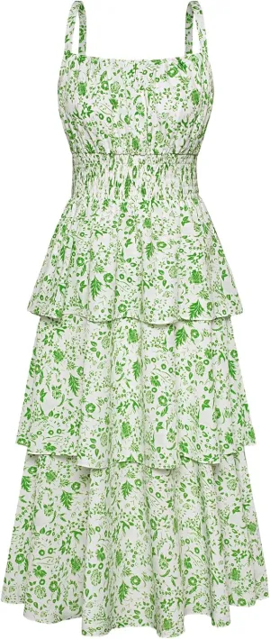 GRACE KARIN Women Summer Maxi Dress Floral Sleeveless Smocked Tiered Ruffle Spaghetti Strap Boho A Line Flowy Beach Sundress