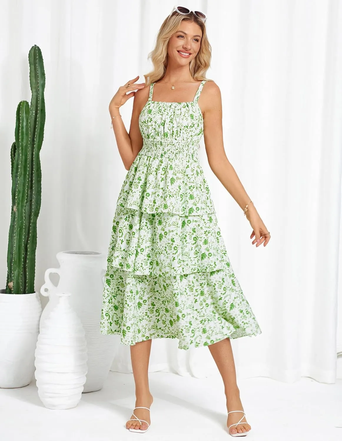 GRACE KARIN Women Summer Maxi Dress Floral Sleeveless Smocked Tiered Ruffle Spaghetti Strap Boho A Line Flowy Beach Sundress