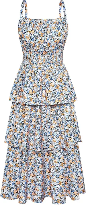 GRACE KARIN Women Summer Maxi Dress Floral Sleeveless Smocked Tiered Ruffle Spaghetti Strap Boho A Line Flowy Beach Sundress