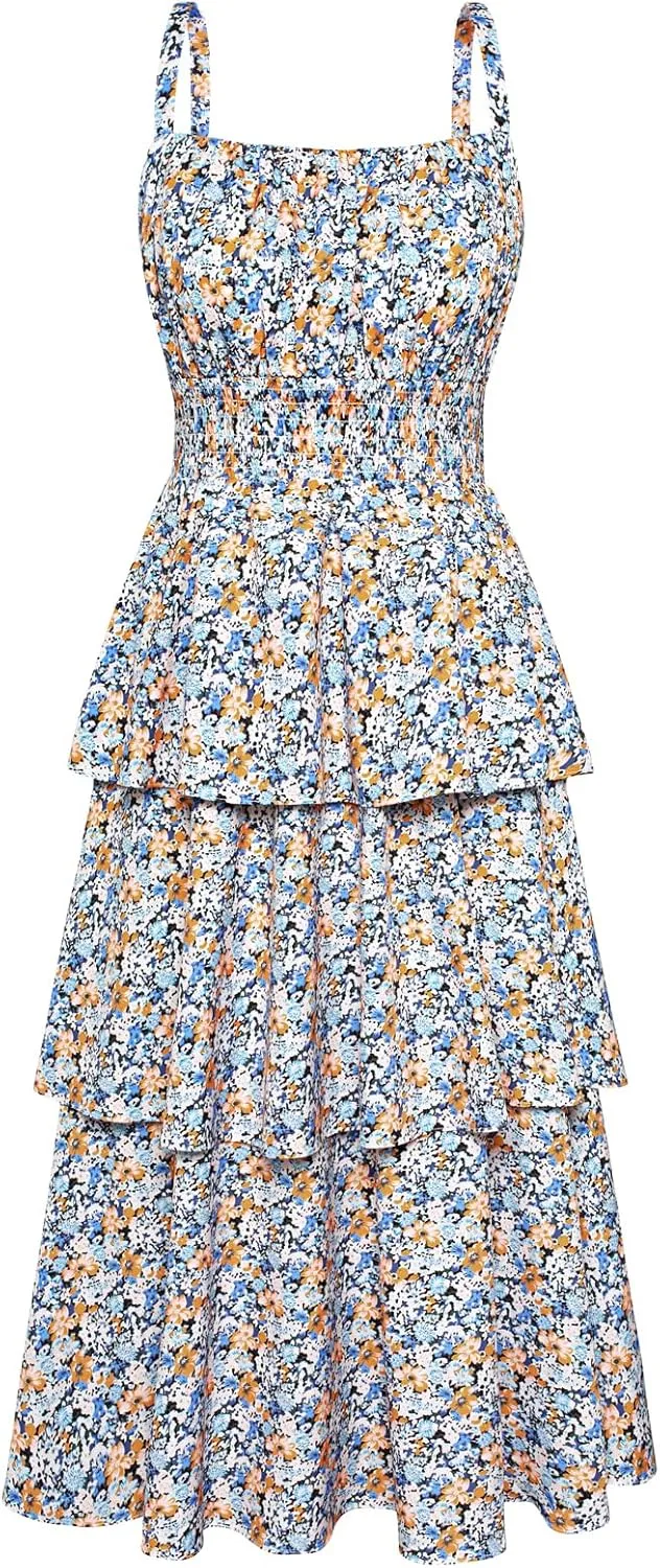 GRACE KARIN Women Summer Maxi Dress Floral Sleeveless Smocked Tiered Ruffle Spaghetti Strap Boho A Line Flowy Beach Sundress