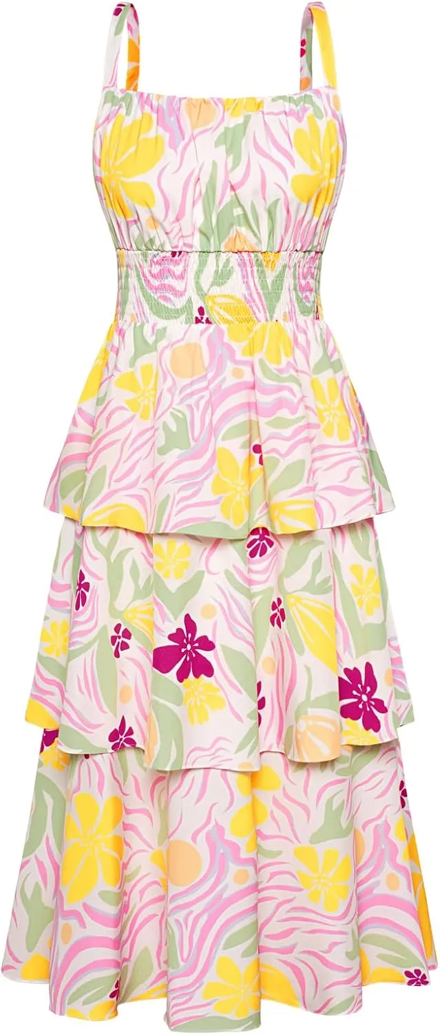 GRACE KARIN Women Summer Maxi Dress Floral Sleeveless Smocked Tiered Ruffle Spaghetti Strap Boho A Line Flowy Beach Sundress