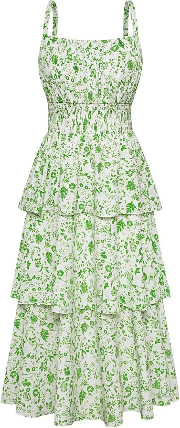 GRACE KARIN Women Summer Maxi Dress Floral Sleeveless Smocked Tiered Ruffle Spaghetti Strap Boho A Line Flowy Beach Sundress