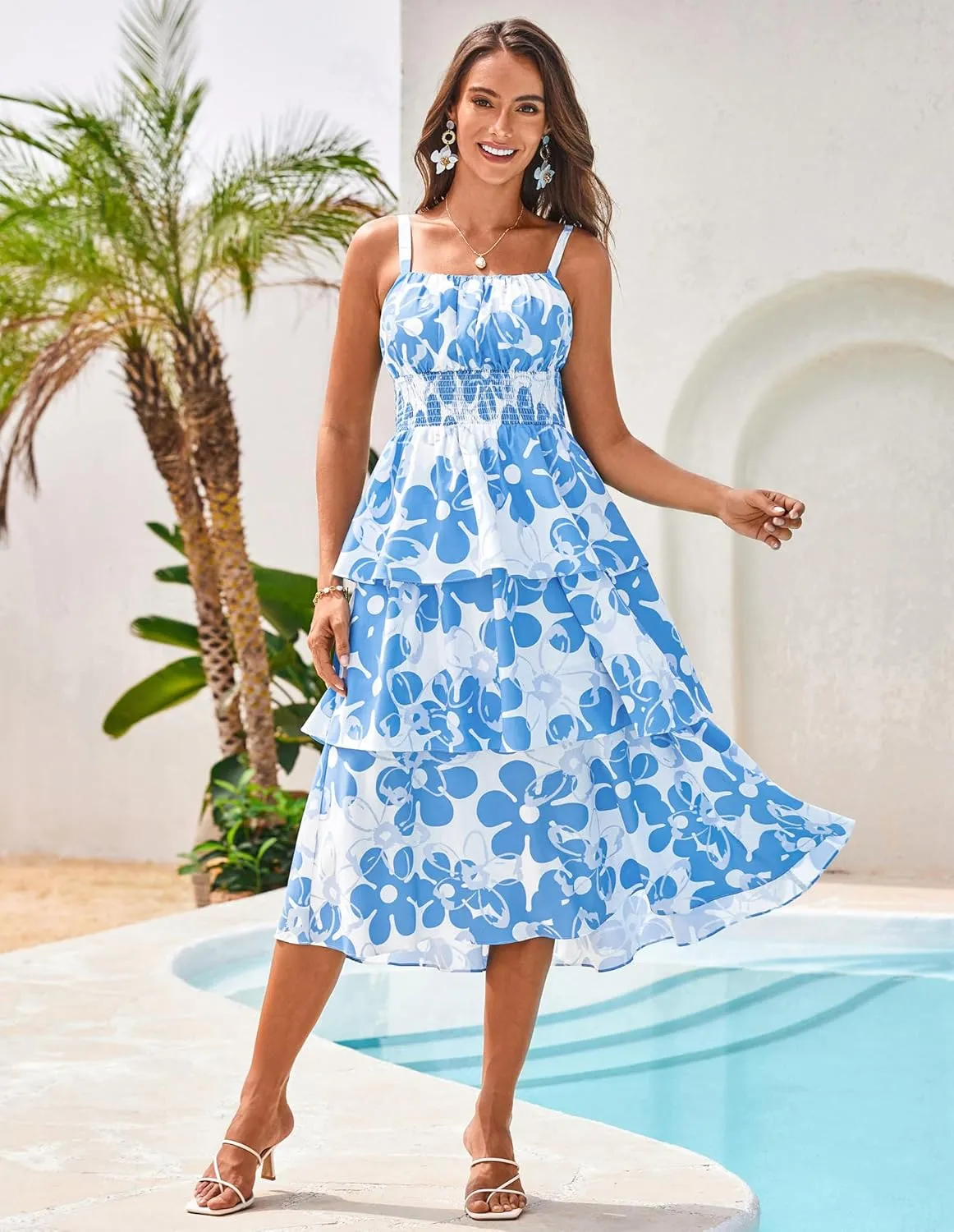 GRACE KARIN Women Summer Maxi Dress Floral Sleeveless Smocked Tiered Ruffle Spaghetti Strap Boho A Line Flowy Beach Sundress