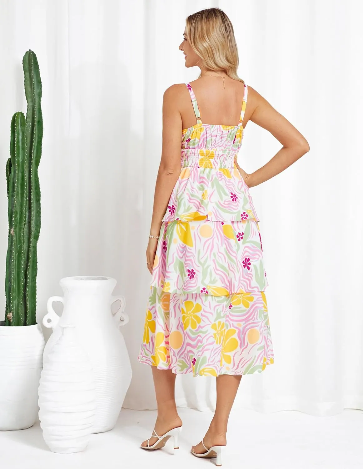 GRACE KARIN Women Summer Maxi Dress Floral Sleeveless Smocked Tiered Ruffle Spaghetti Strap Boho A Line Flowy Beach Sundress