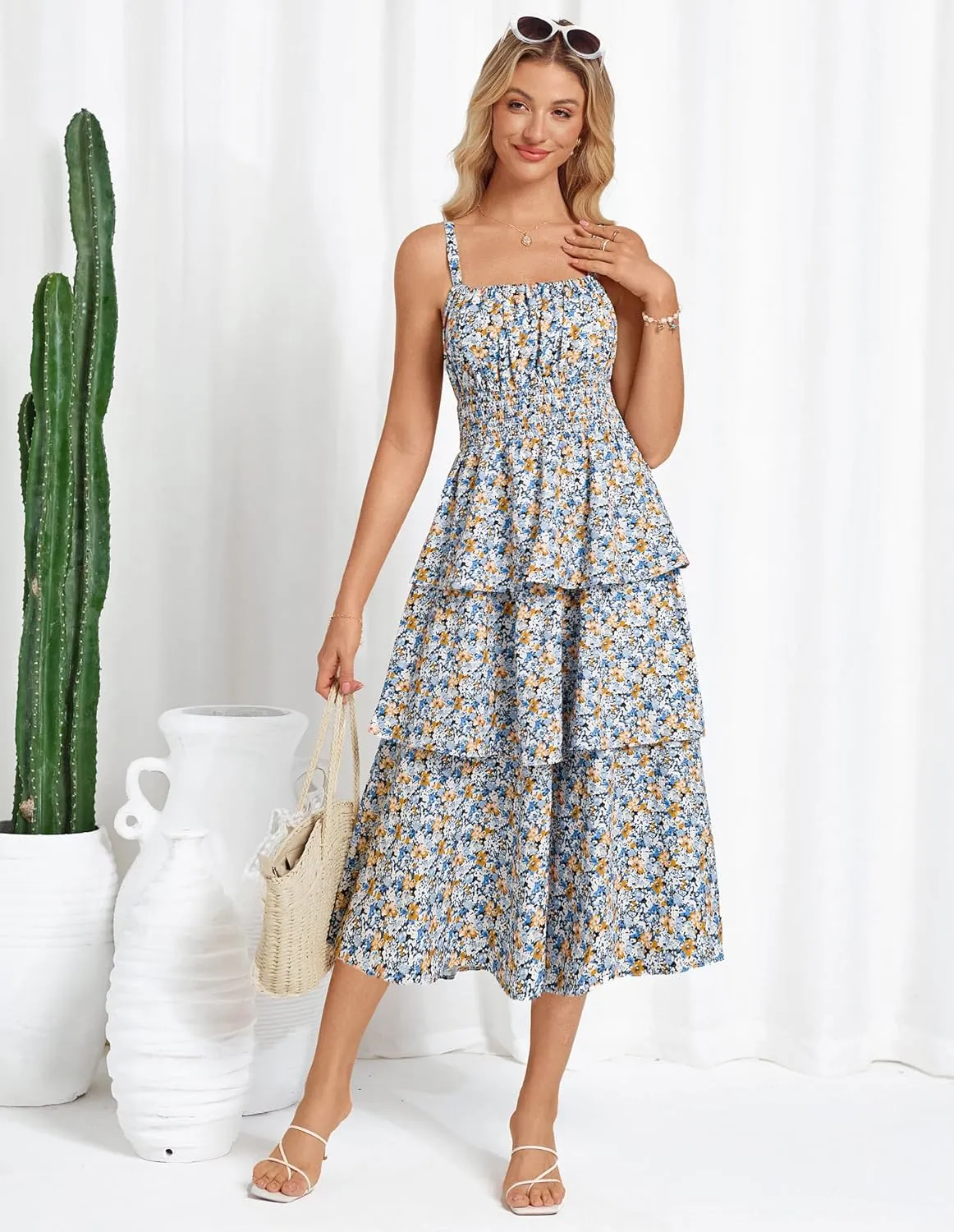 GRACE KARIN Women Summer Maxi Dress Floral Sleeveless Smocked Tiered Ruffle Spaghetti Strap Boho A Line Flowy Beach Sundress