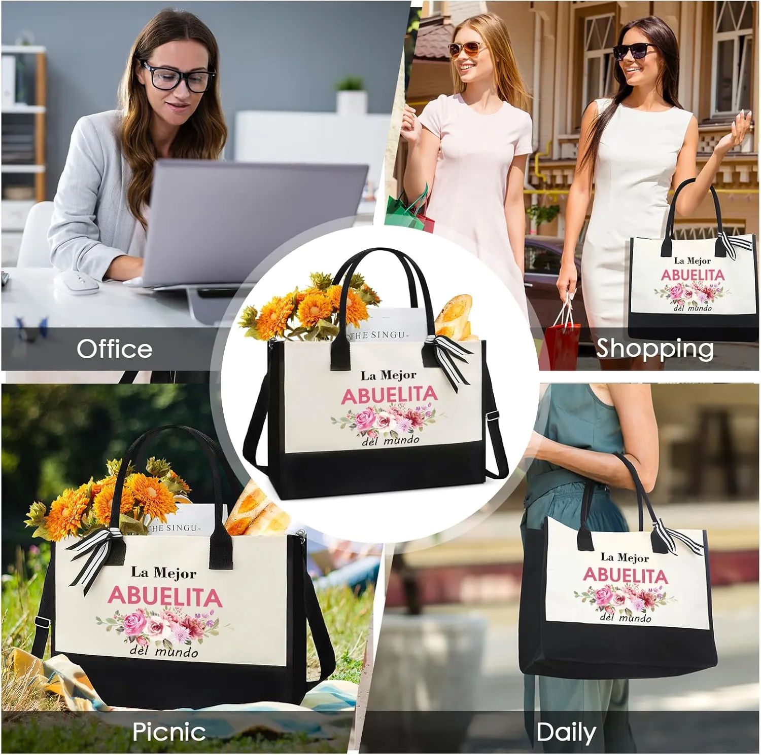 Grandma Gifts Tote Bag - Spanish La Mejor Abuelita Del Mundo Gift for Best Grandmother Abuela Mom Women Floral Storage Totes Shopping Bags Reusable Handbag Mother's Day Birthday Present