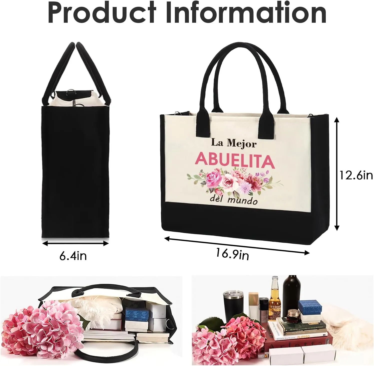 Grandma Gifts Tote Bag - Spanish La Mejor Abuelita Del Mundo Gift for Best Grandmother Abuela Mom Women Floral Storage Totes Shopping Bags Reusable Handbag Mother's Day Birthday Present