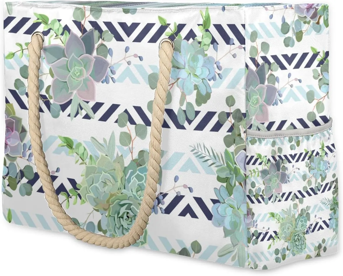 Green Colorful Succulent Large Beach Tote Bag Women Waterproof Sandproof Zipper Beach Bag for Pool Gym Grocery Travel with Wet Pocket