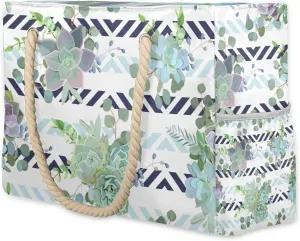 Green Colorful Succulent Large Beach Tote Bag Women Waterproof Sandproof Zipper Beach Bag for Pool Gym Grocery Travel with Wet Pocket