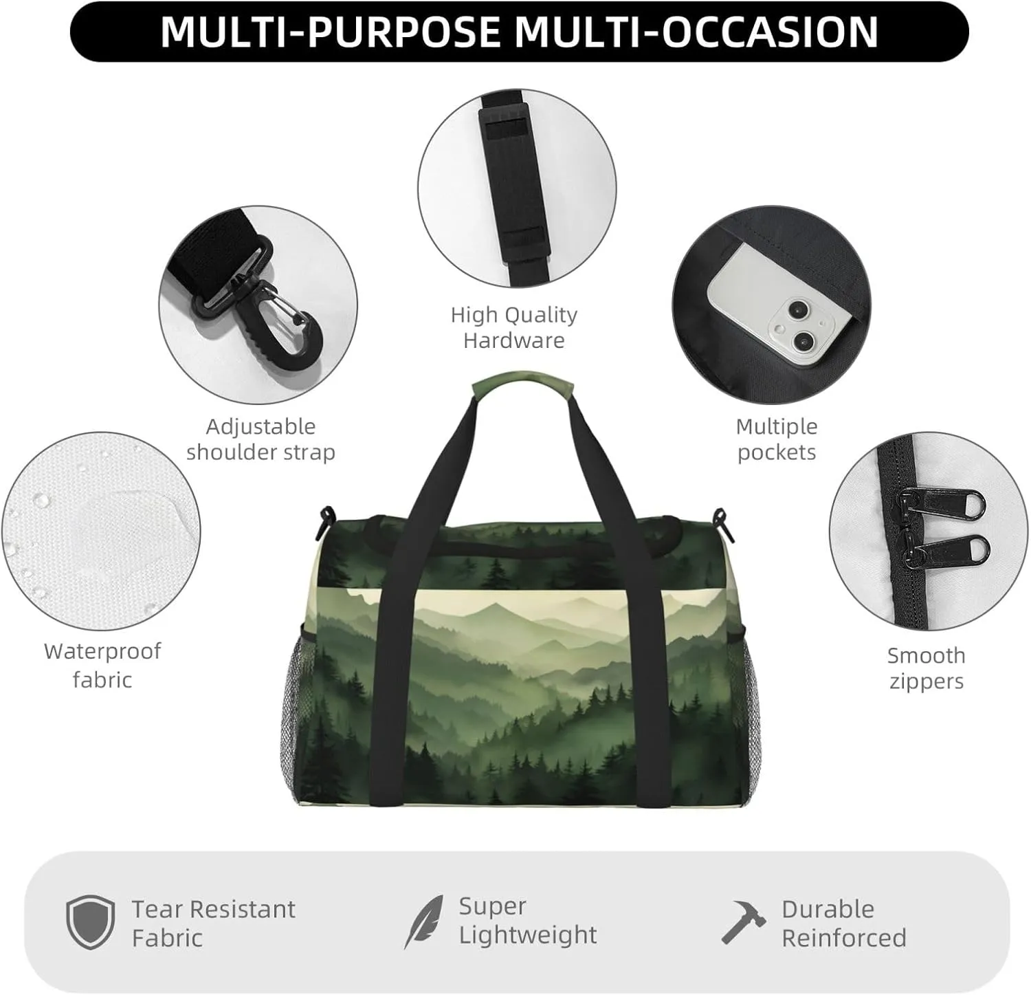 Green Mountain Scenery Duffle Bag Foldable Travel Tote Bag Carry On Large Weekender Overnight Bags Waterproof Gym Bag For Women Men