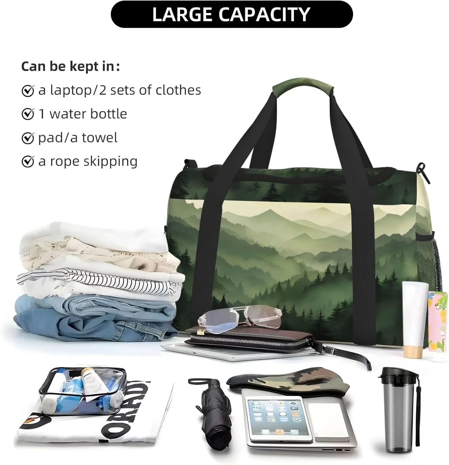Green Mountain Scenery Duffle Bag Foldable Travel Tote Bag Carry On Large Weekender Overnight Bags Waterproof Gym Bag For Women Men