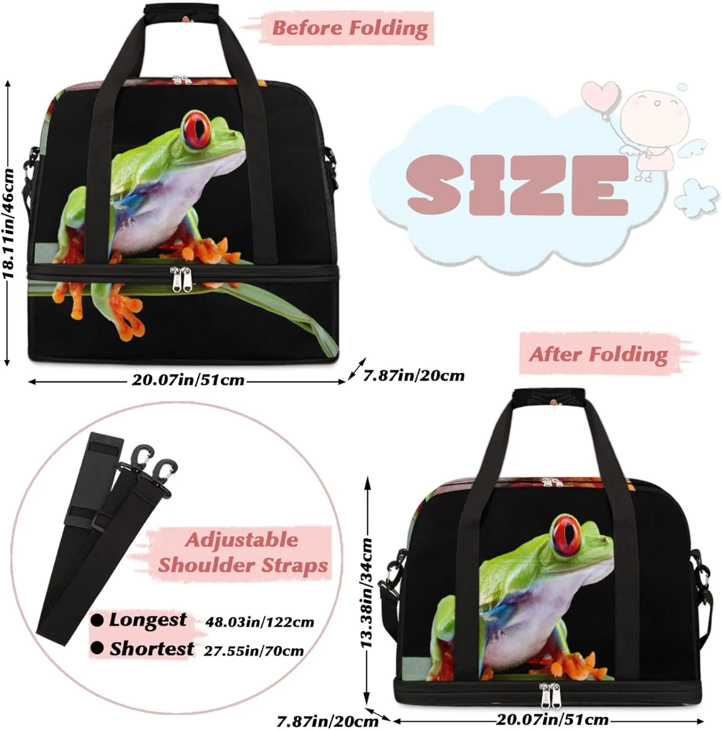 Green Tree Frog Foldable Travel Duffel Bag Tote Carry on Luggage Sport Duffle for Women Men Gym Bag Overnight Weekender Bags with Shoe Compartments & Shoulder Strap
