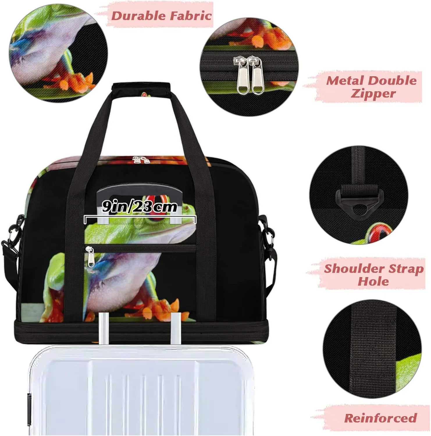 Green Tree Frog Foldable Travel Duffel Bag Tote Carry on Luggage Sport Duffle for Women Men Gym Bag Overnight Weekender Bags with Shoe Compartments & Shoulder Strap