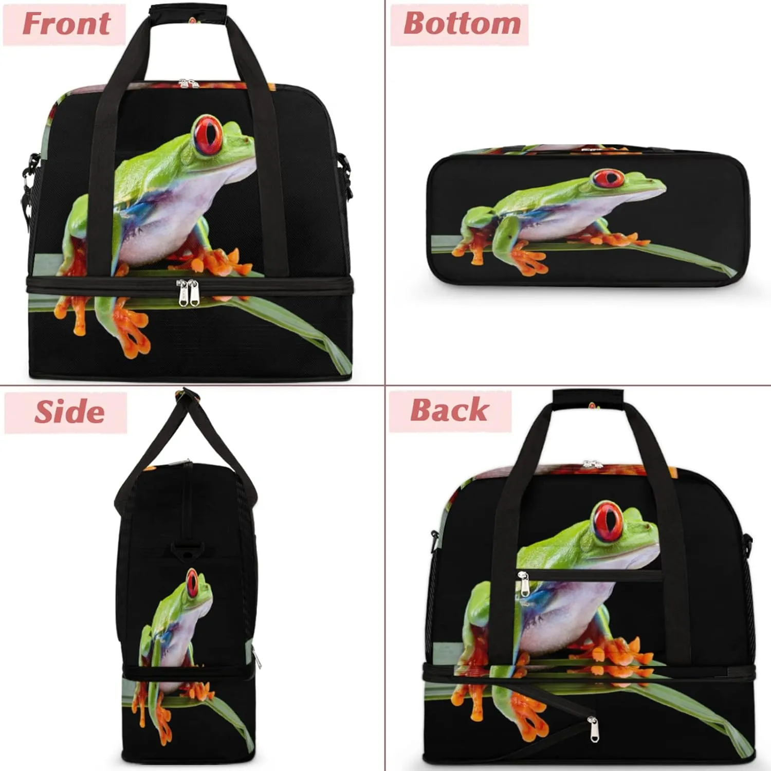 Green Tree Frog Foldable Travel Duffel Bag Tote Carry on Luggage Sport Duffle for Women Men Gym Bag Overnight Weekender Bags with Shoe Compartments & Shoulder Strap