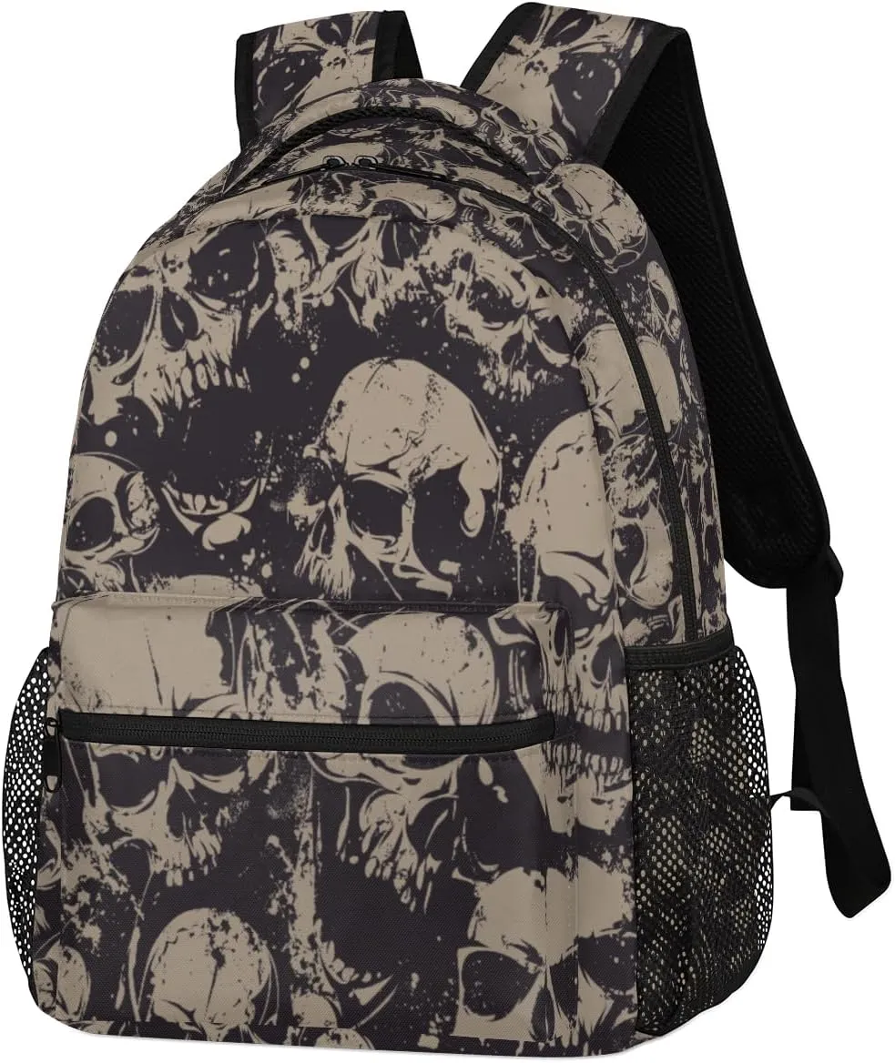 Grey Skull Backpack for Girls Boys Kids Halloween Gothic 16inch Laptop Backpacks Lightweight Waterproof School Bookbag Travel Daypack Computer College Bag Gym Rucksack for Work School Women Men