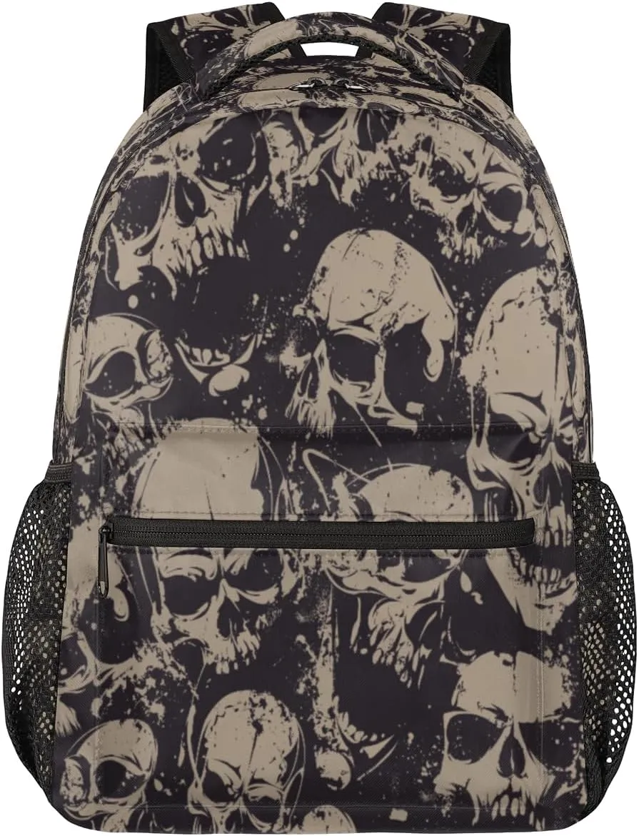 Grey Skull Backpack for Girls Boys Kids Halloween Gothic 16inch Laptop Backpacks Lightweight Waterproof School Bookbag Travel Daypack Computer College Bag Gym Rucksack for Work School Women Men