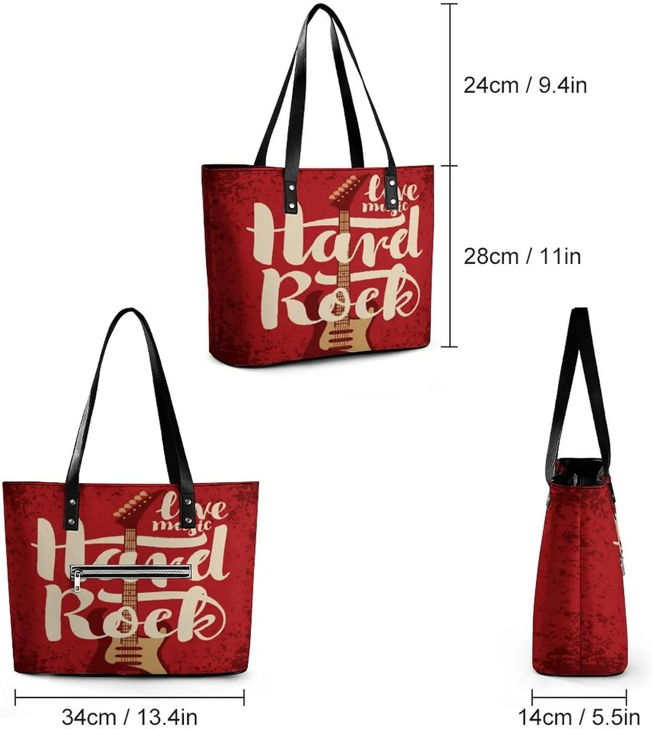 Guitar Hard Rock Hobo Handbags With Zipper Large Capacity Satchel Tote Bag Shoulder Bag