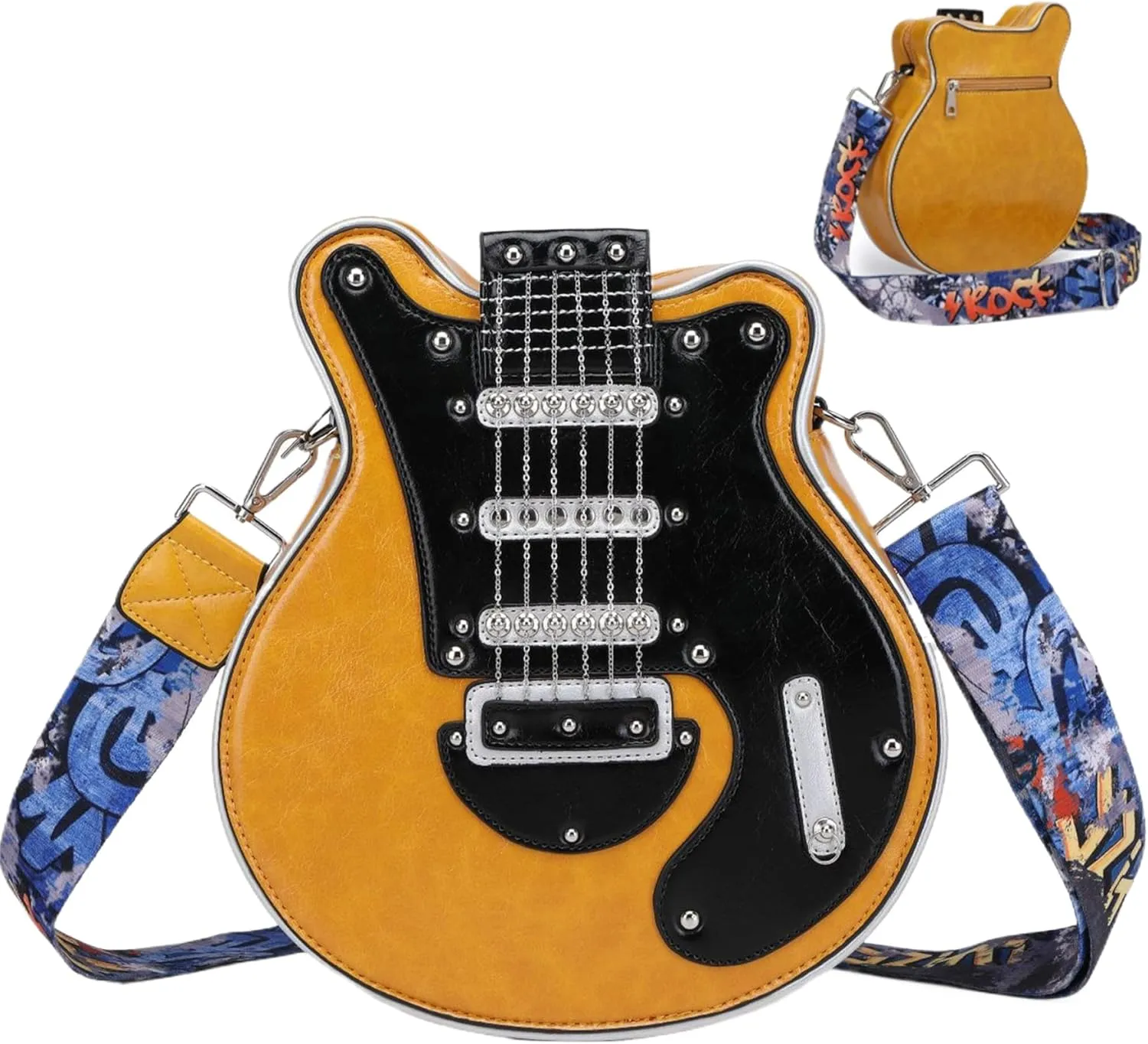 Guitar Purse Unique Chic PU Leather 11x4x12 in Zipper Closure Piano Shoulder Bag with Adjustable Strap Scratch-Resistant Crossbody Bag for Girls and Women Gift (Yellow), Crossbody Bag