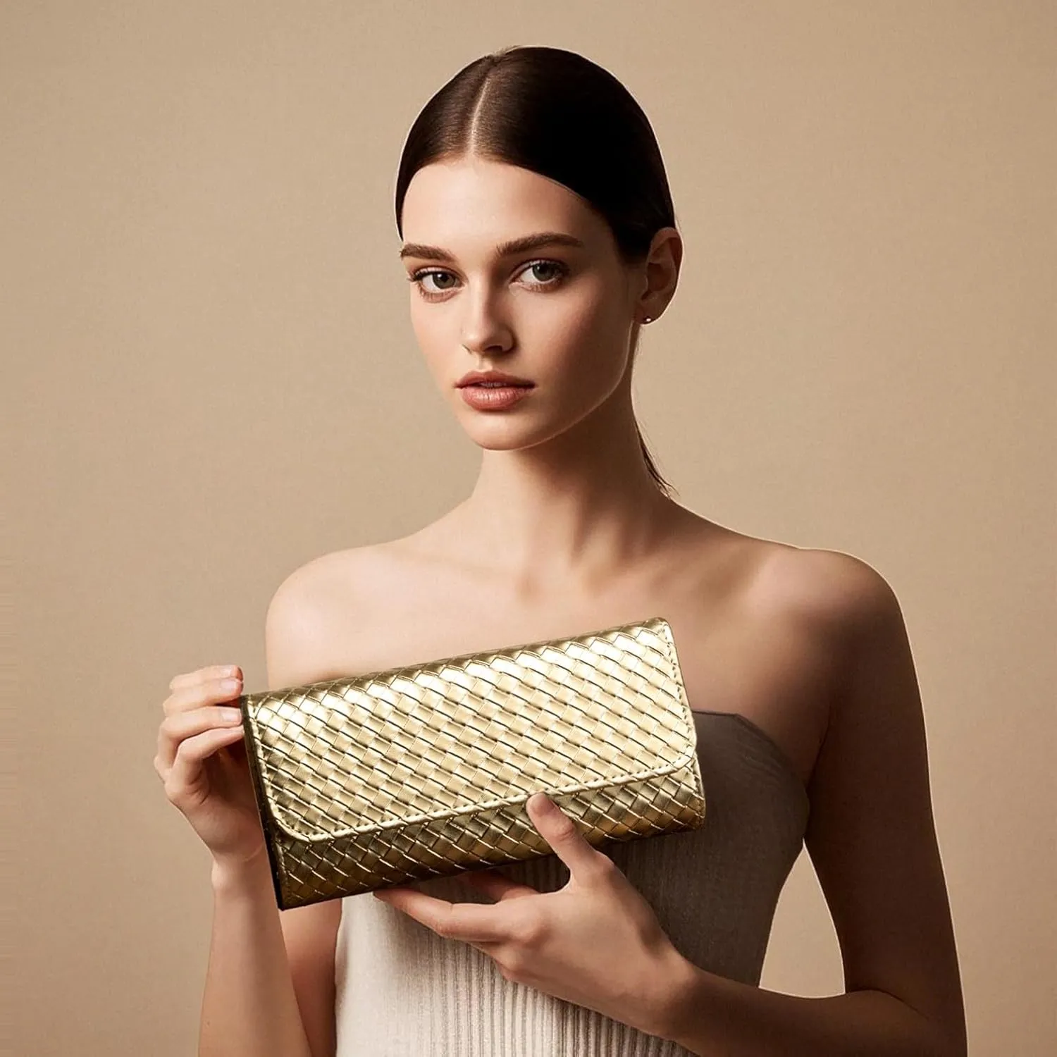 Gurina Woven Texture PU Clutch Purse for Women - Sleek Evening Bag, Perfect for Formal Events, Weddings & Cocktail Parties