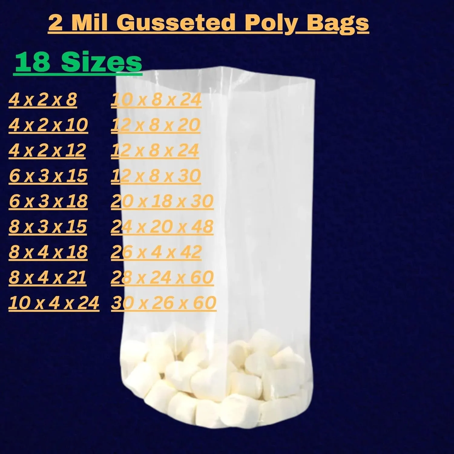 Gusseted Plastic Poly Bag - 24x20x48 & (50 Bags) 2Mil | Heat Sealable | Durable Open Top Clear Plastic Bags for Party Favor, Cookie, Candy, Small Gift Wrapping, Dessert