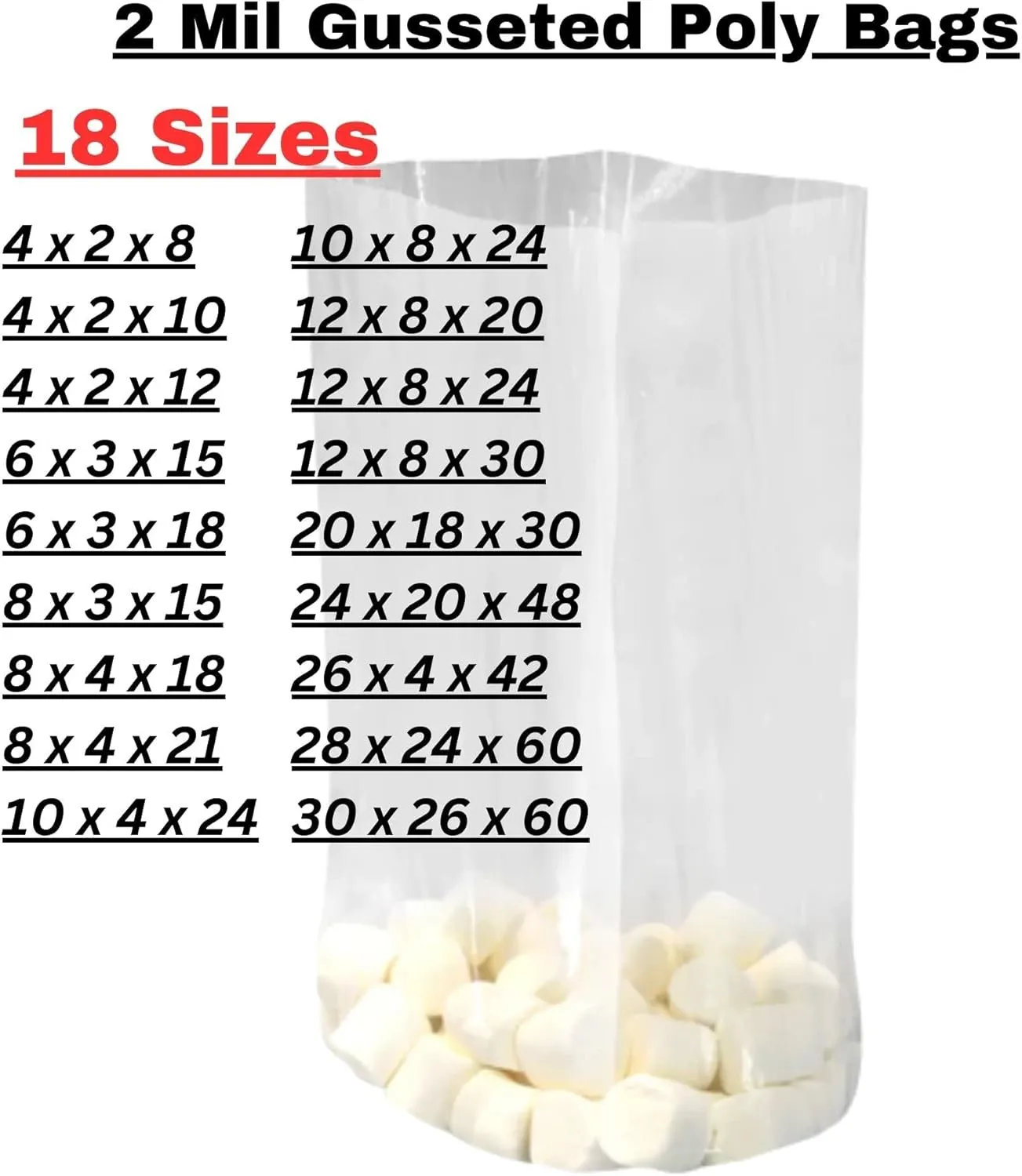 Gusseted Plastic Poly Bag - 24x20x48 & (50 Bags) 2Mil | Heat Sealable | Durable Open Top Clear Plastic Bags for Party Favor, Cookie, Candy, Small Gift Wrapping, Dessert