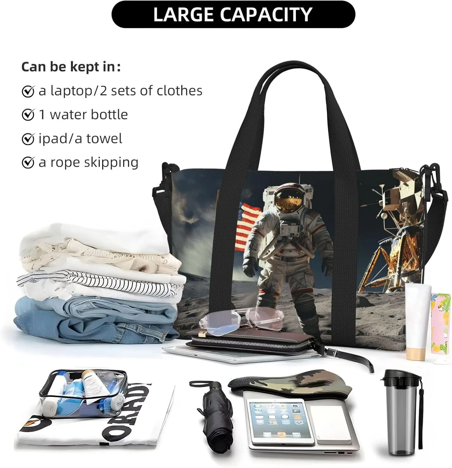 Gym Bag Astronaut Landing on The Moon Duffel Bag for Men Women Travel Overnight Bag with Shoe Compartment Workout Bags