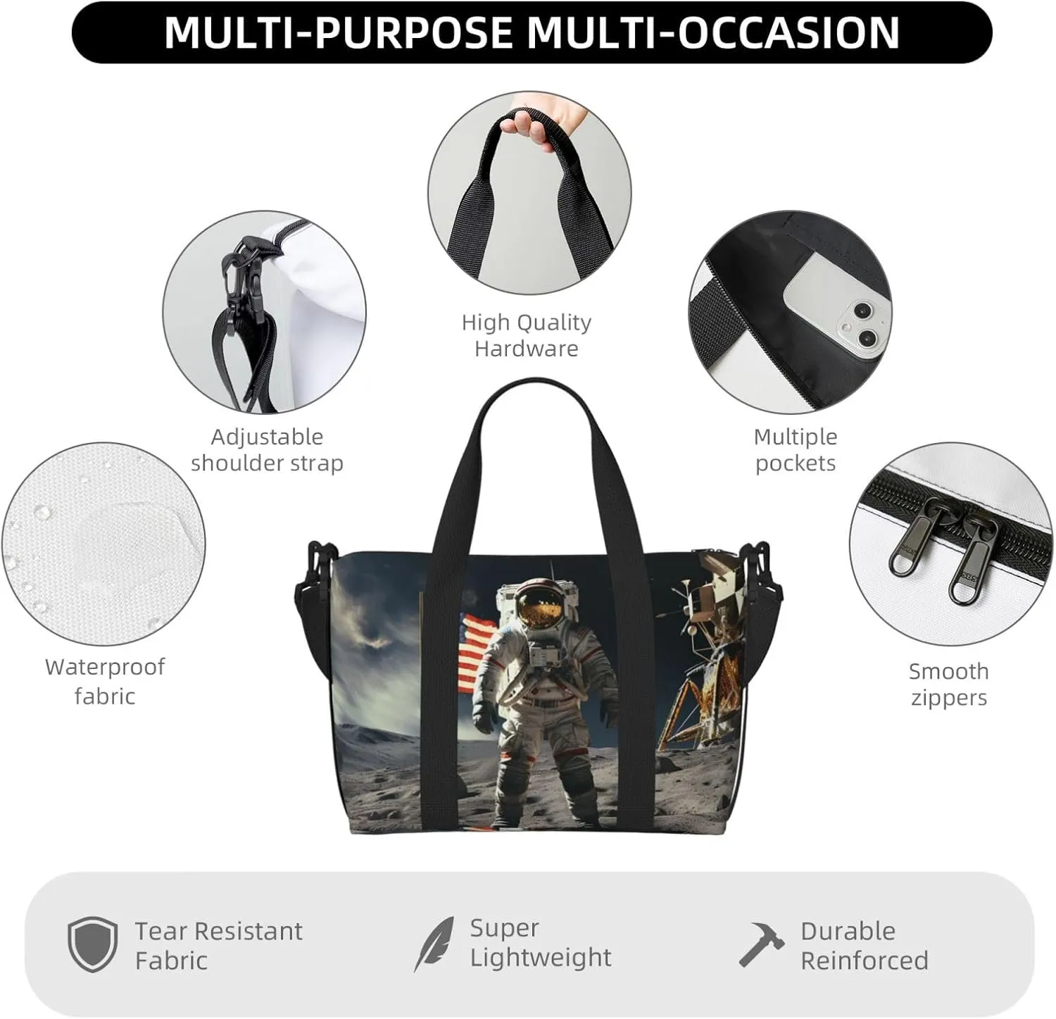 Gym Bag Astronaut Landing on The Moon Duffel Bag for Men Women Travel Overnight Bag with Shoe Compartment Workout Bags