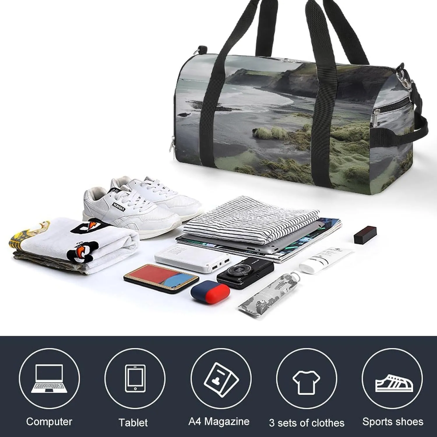 Gym Bag Cliff Edge Sea Water Duffel Bag for Men Women Travel Overnight Bag with Shoe Compartment Workout Bags