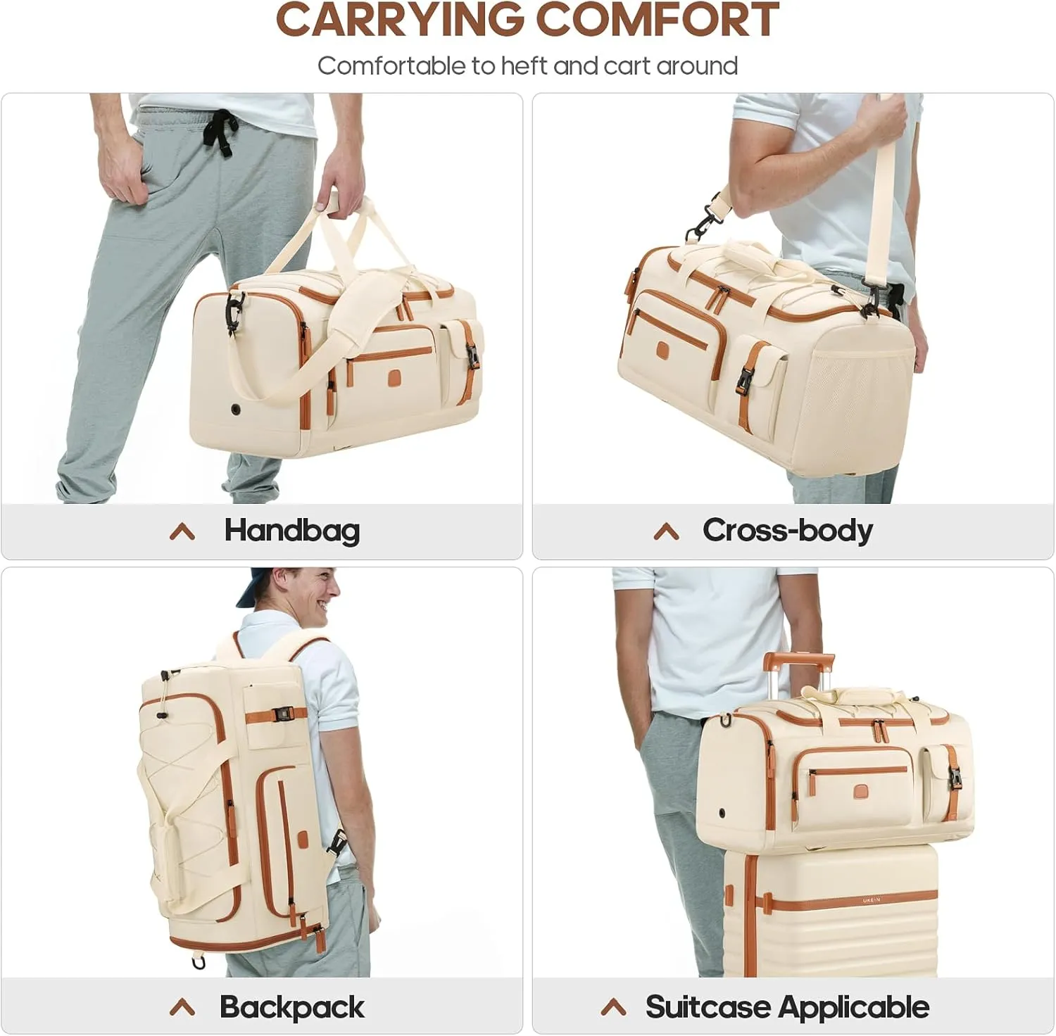 Gym Bag for Men and Women with Shoe & Laptop Compartment, 3-in-1 Sports Travel Duffel Bag Anti-Theft Weekender Carry-On Backpack for Airplane & Workout, Overnight Travel Bag,35L (Beige, Medium)