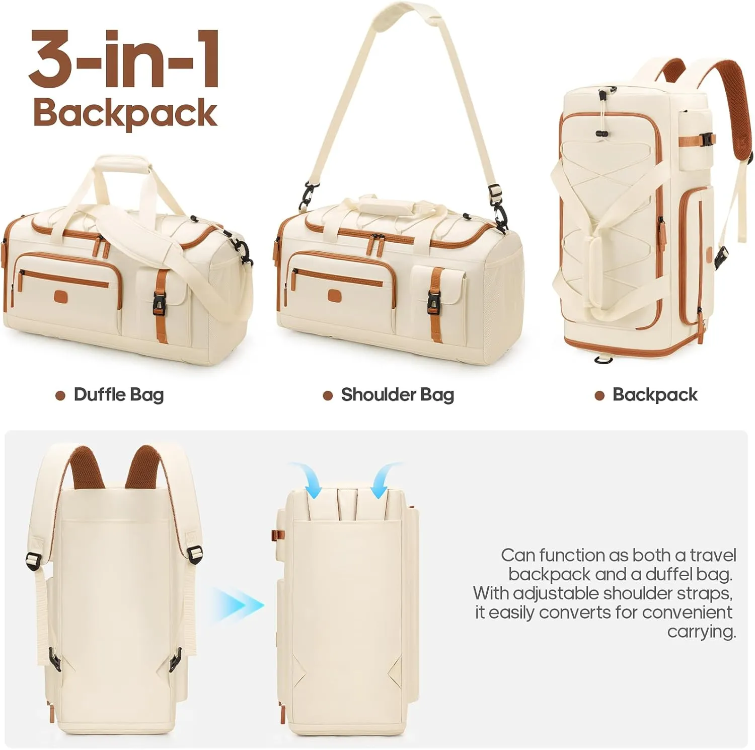 Gym Bag for Men and Women with Shoe & Laptop Compartment, 3-in-1 Sports Travel Duffel Bag Anti-Theft Weekender Carry-On Backpack for Airplane & Workout, Overnight Travel Bag,35L (Beige, Medium)