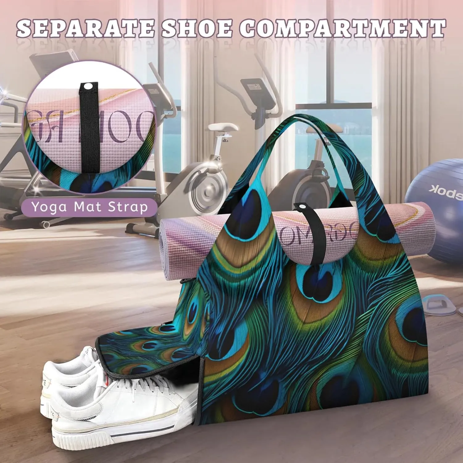 Gym Bag for Women Attractive Peacock Feathers Duffel Bag with Shoe Compartment and Yoga Mat Holder Portable Weekender Bags Travel Tote Bags