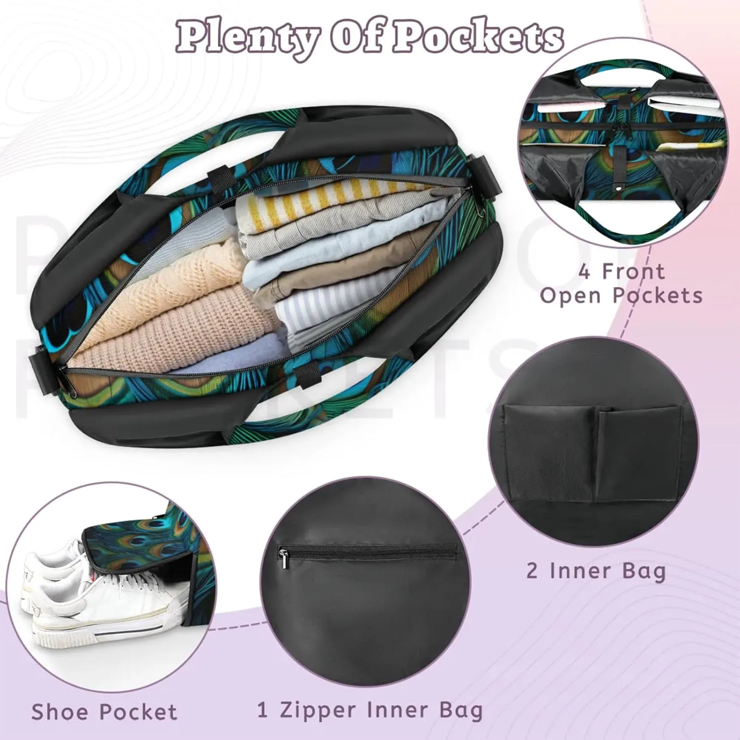 Gym Bag for Women Attractive Peacock Feathers Duffel Bag with Shoe Compartment and Yoga Mat Holder Portable Weekender Bags Travel Tote Bags