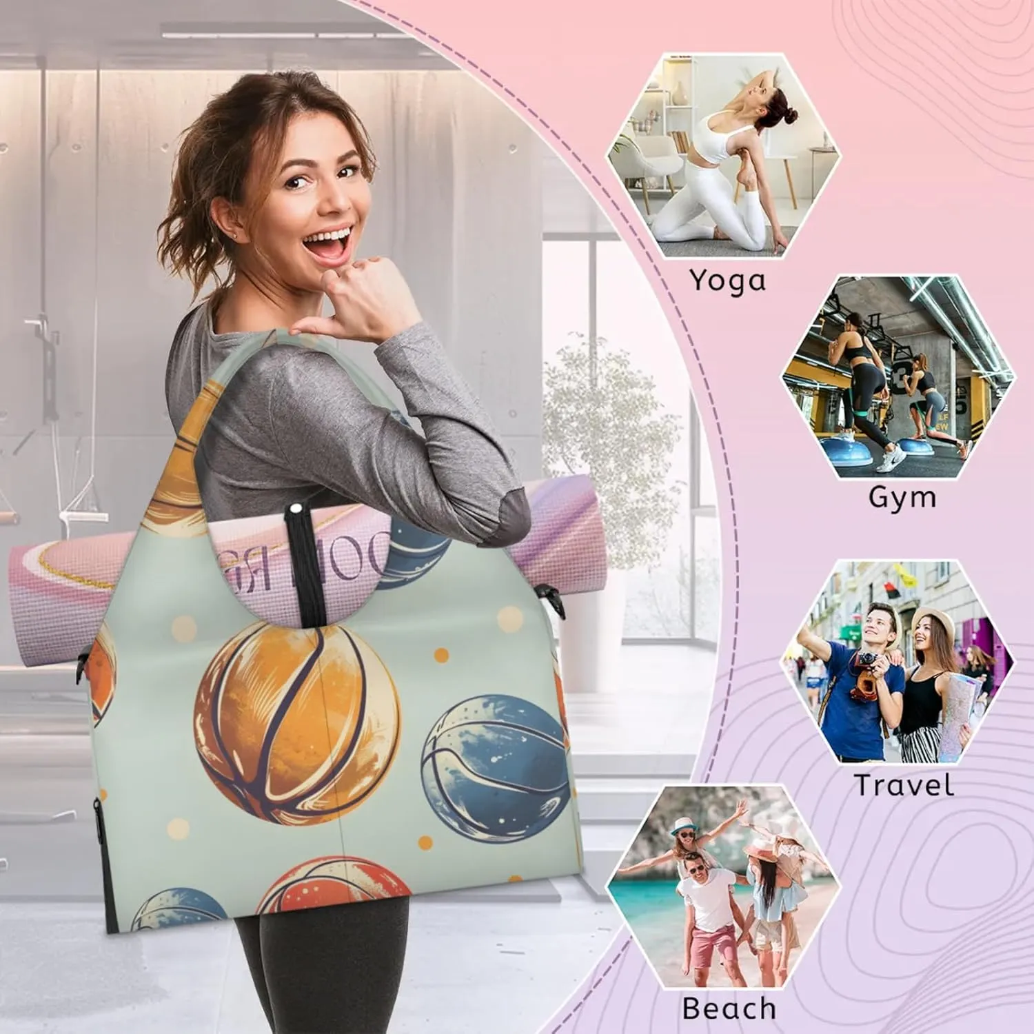 Gym Bag for Women Basketballs Print Duffel Bag with Shoe Compartment and Yoga Mat Holder Portable Weekender Bags Travel Tote Bags