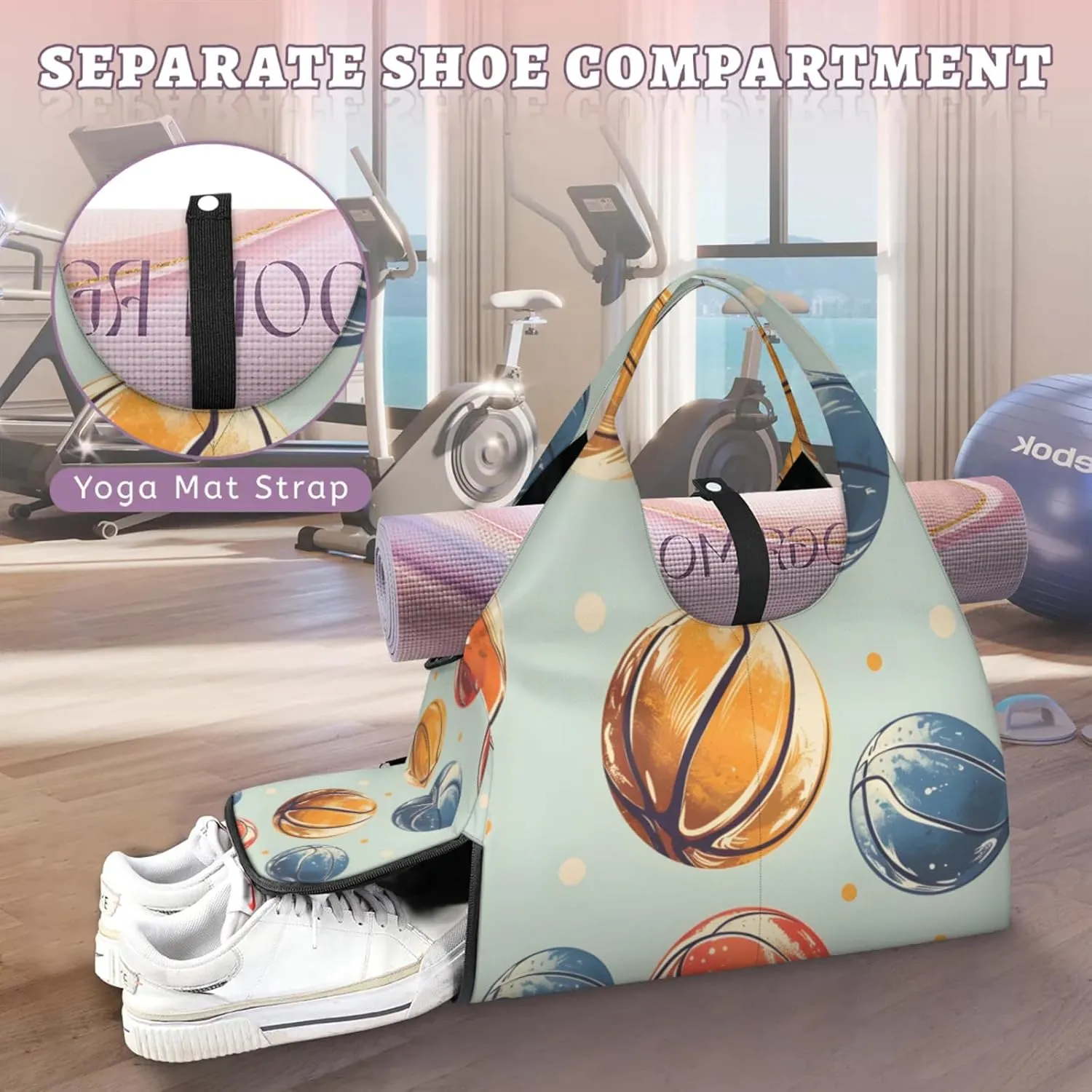 Gym Bag for Women Basketballs Print Duffel Bag with Shoe Compartment and Yoga Mat Holder Portable Weekender Bags Travel Tote Bags