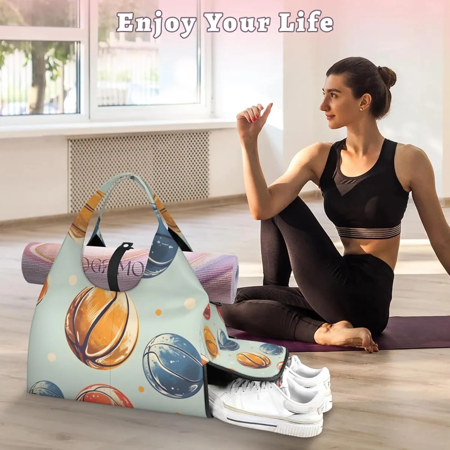 Gym Bag for Women Basketballs Print Duffel Bag with Shoe Compartment and Yoga Mat Holder Portable Weekender Bags Travel Tote Bags