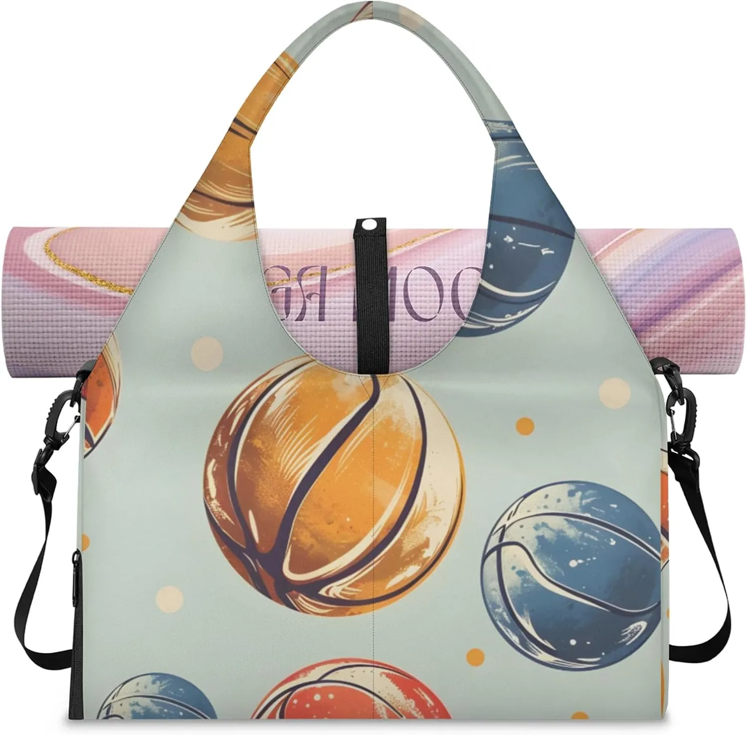 Gym Bag for Women Basketballs Print Duffel Bag with Shoe Compartment and Yoga Mat Holder Portable Weekender Bags Travel Tote Bags