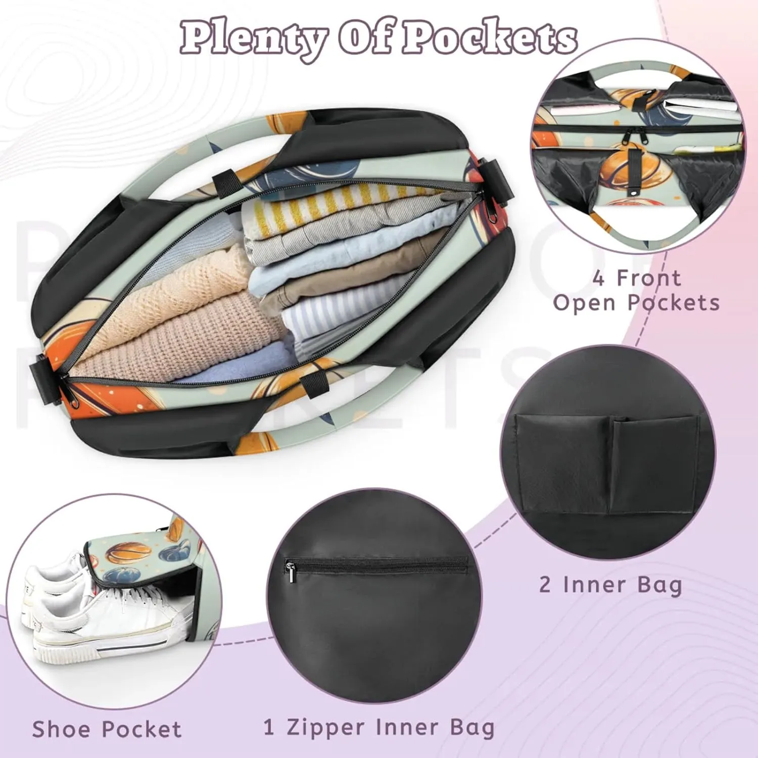 Gym Bag for Women Basketballs Print Duffel Bag with Shoe Compartment and Yoga Mat Holder Portable Weekender Bags Travel Tote Bags