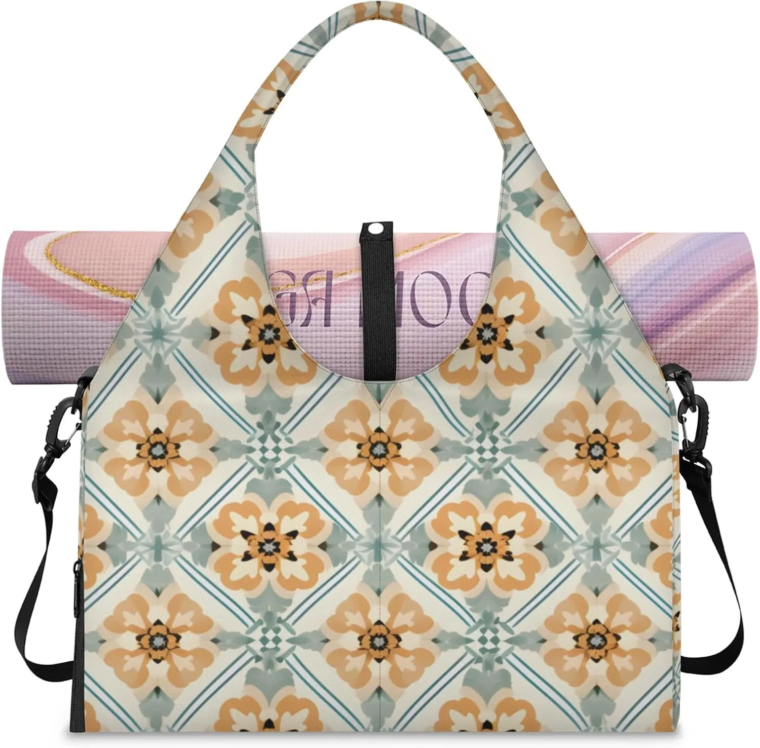 Gym Bag for Women Beautiful Boho Duffel Bag with Shoe Compartment and Yoga Mat Holder Portable Weekender Bags Travel Tote Bags