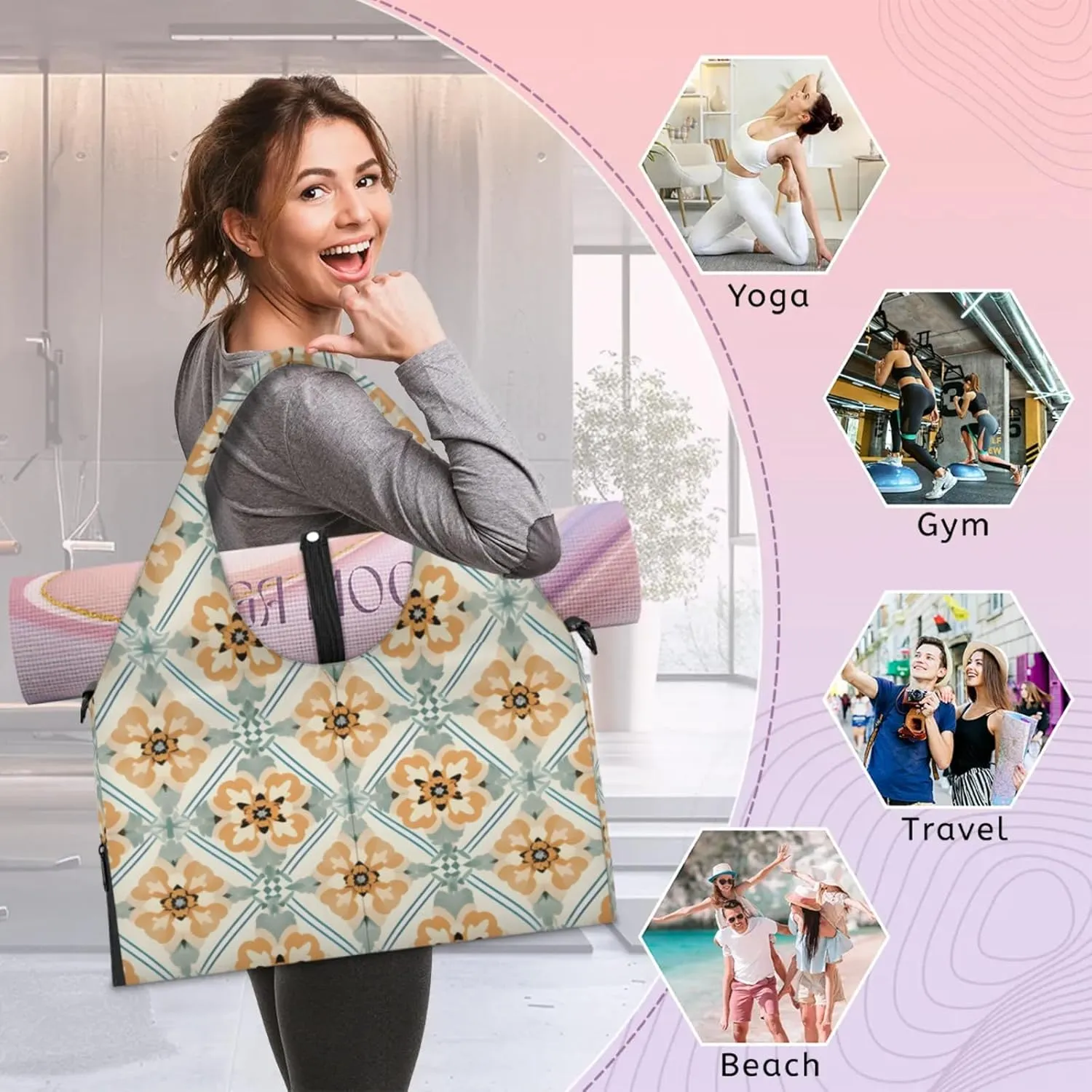 Gym Bag for Women Beautiful Boho Duffel Bag with Shoe Compartment and Yoga Mat Holder Portable Weekender Bags Travel Tote Bags