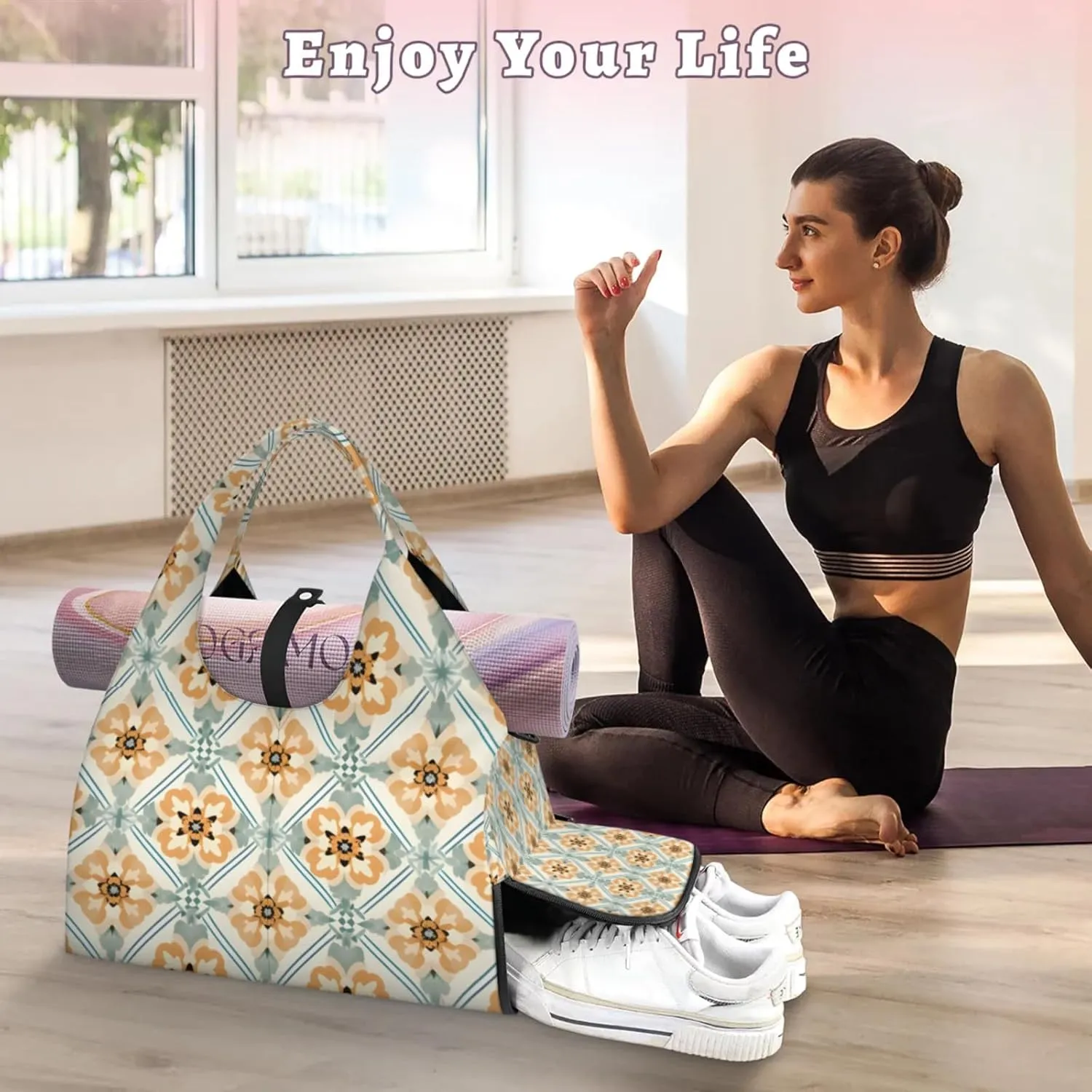 Gym Bag for Women Beautiful Boho Duffel Bag with Shoe Compartment and Yoga Mat Holder Portable Weekender Bags Travel Tote Bags