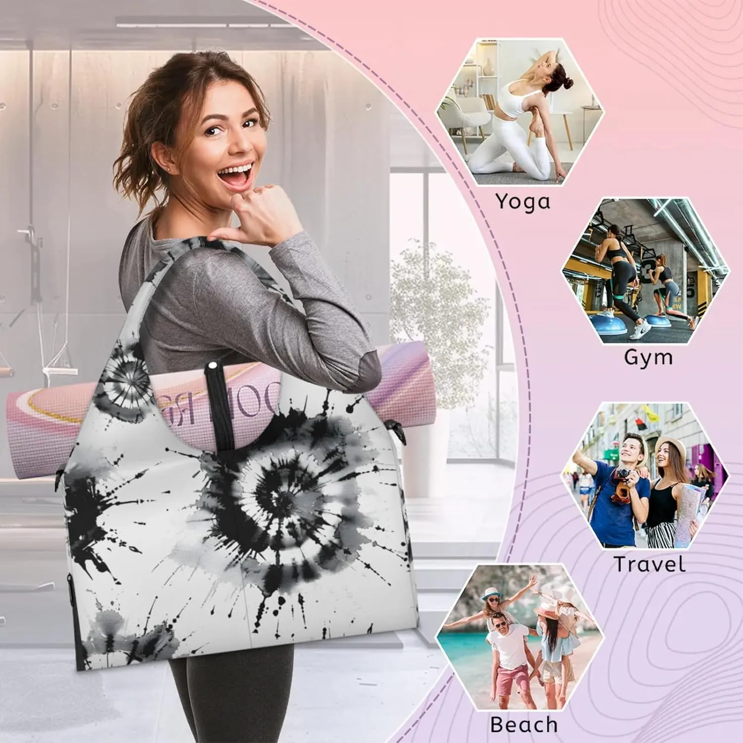 Gym Bag for Women Black Tie Dyeing Duffel Bag with Shoe Compartment and Yoga Mat Holder Portable Weekender Bags Travel Tote Bags