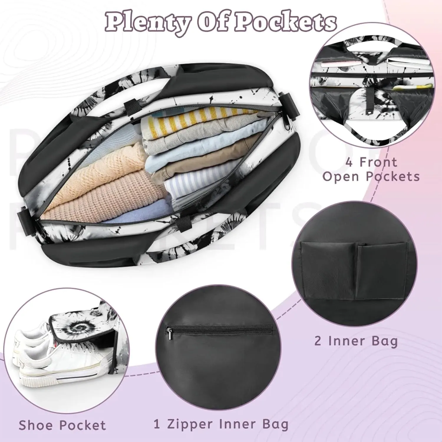 Gym Bag for Women Black Tie Dyeing Duffel Bag with Shoe Compartment and Yoga Mat Holder Portable Weekender Bags Travel Tote Bags