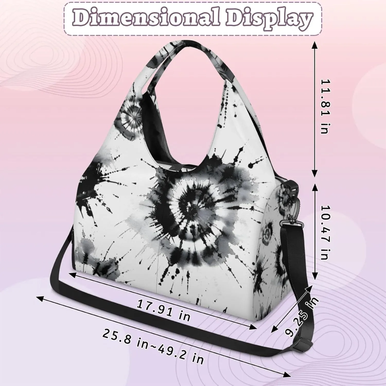 Gym Bag for Women Black Tie Dyeing Duffel Bag with Shoe Compartment and Yoga Mat Holder Portable Weekender Bags Travel Tote Bags