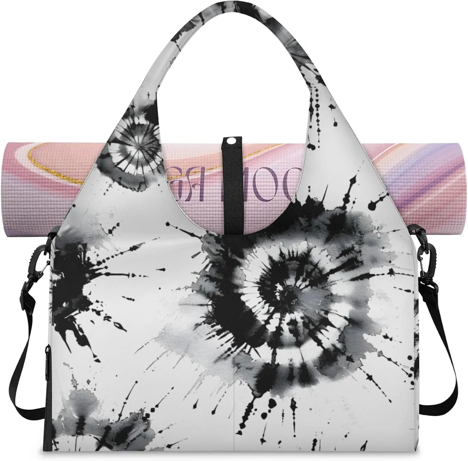 Gym Bag for Women Black Tie Dyeing Duffel Bag with Shoe Compartment and Yoga Mat Holder Portable Weekender Bags Travel Tote Bags