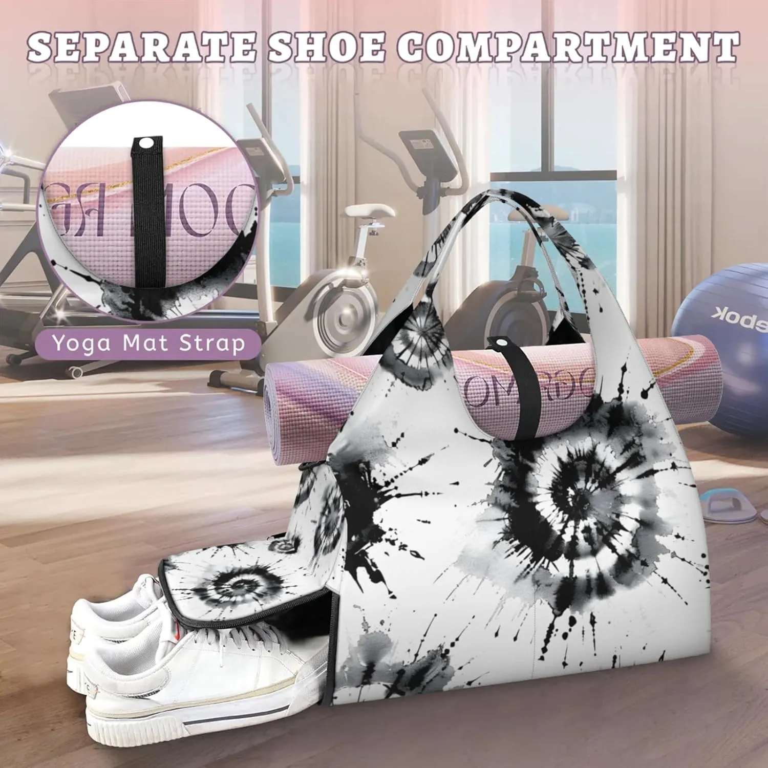 Gym Bag for Women Black Tie Dyeing Duffel Bag with Shoe Compartment and Yoga Mat Holder Portable Weekender Bags Travel Tote Bags