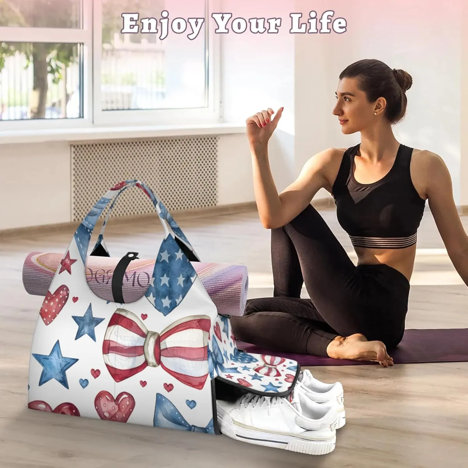 Gym Bag for Women Bowknot Heart Star Duffel Bag with Shoe Compartment and Yoga Mat Holder Portable Weekender Bags Travel Tote Bags