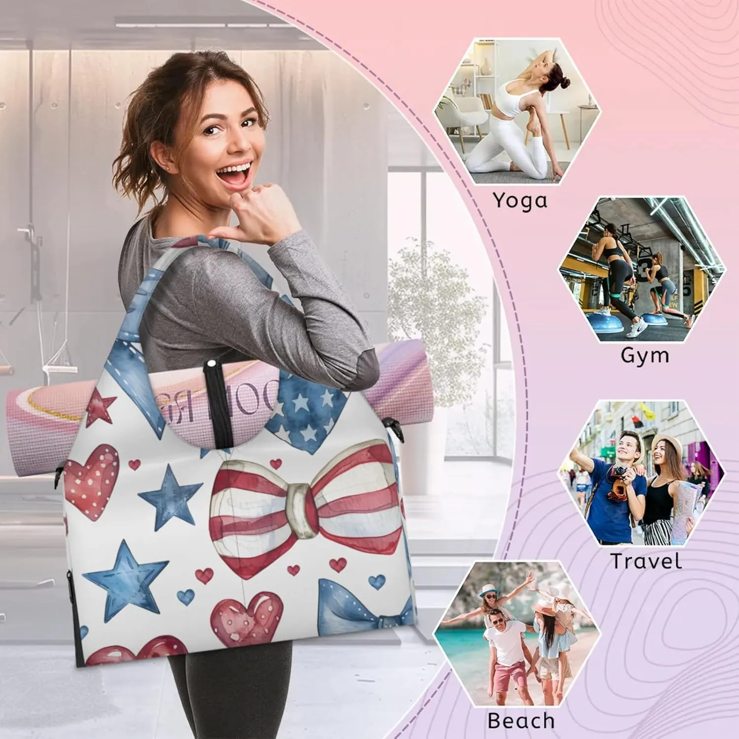 Gym Bag for Women Bowknot Heart Star Duffel Bag with Shoe Compartment and Yoga Mat Holder Portable Weekender Bags Travel Tote Bags