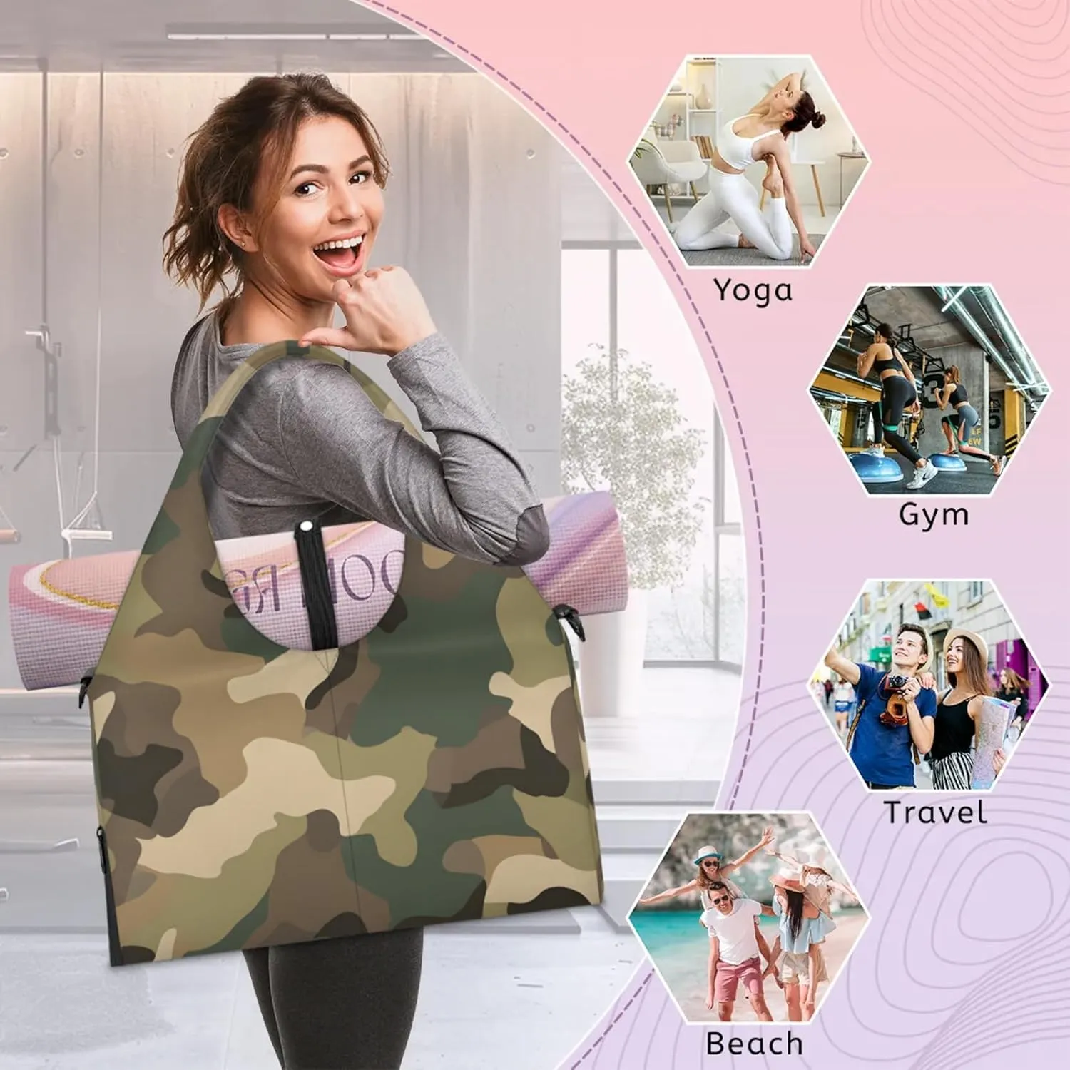 Gym Bag for Women Brown Green Camo Duffel Bag with Shoe Compartment and Yoga Mat Holder Portable Weekender Bags Travel Tote Bags