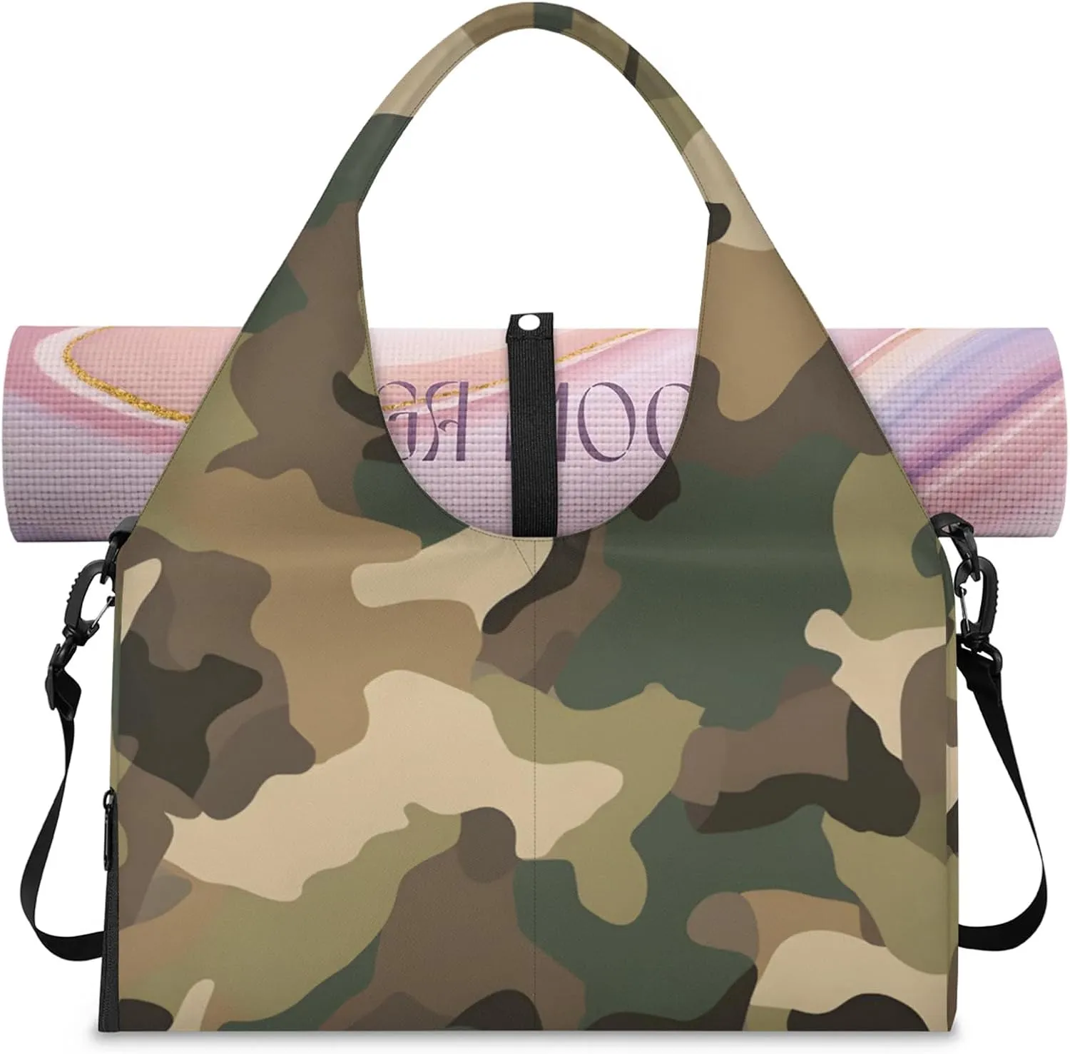 Gym Bag for Women Brown Green Camo Duffel Bag with Shoe Compartment and Yoga Mat Holder Portable Weekender Bags Travel Tote Bags