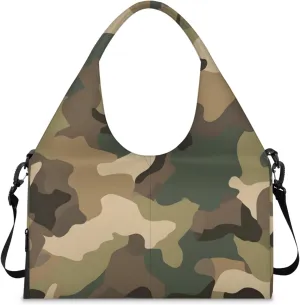 Gym Bag for Women Brown Green Camo Duffel Bag with Shoe Compartment and Yoga Mat Holder Portable Weekender Bags Travel Tote Bags
